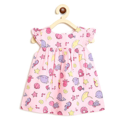 Girls Light Pink Printed Short Sleeve Dress